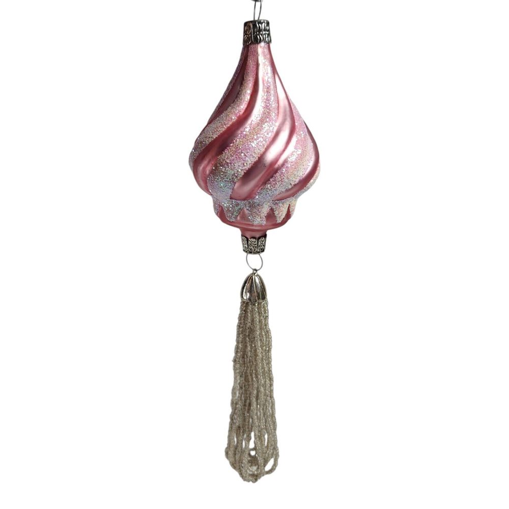 Czech Republic Hand Blown Glass Teardrop Swirl Pink White Glitter Beaded Tassel